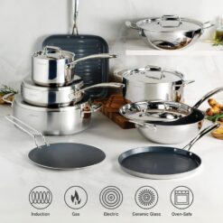 Tramontina Utsava Tri-Ply Clad Stainless Steel 6.5-Quart Casserole with Lid and Ceramic Non Stick Interior, Induction-Ready Large Braiser Pan