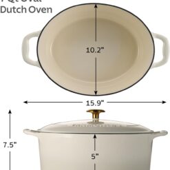 Tramontina Bestow Enameled Cast Iron Oval Dutch Oven Pot with Lid, Large 7-quart, Latte (Gold Knob)