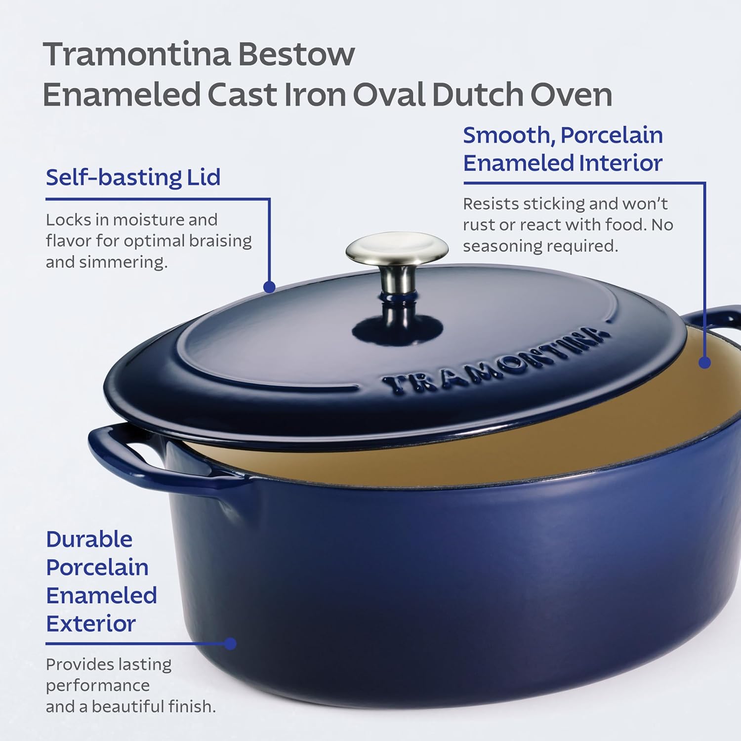 Tramontina Bestow Enameled Cast Iron Oval Dutch Oven Pot with Lid, Large 7-quart, Blue