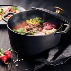 Tramontina Bestow Enameled Cast Iron Dutch Oven Pot with Lid, Round 5.5-quart, Matte Black with Gold Knob