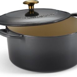 Tramontina Bestow Enameled Cast Iron Dutch Oven Pot with Lid, Round 5.5-quart, Smoke (Gold Knob)