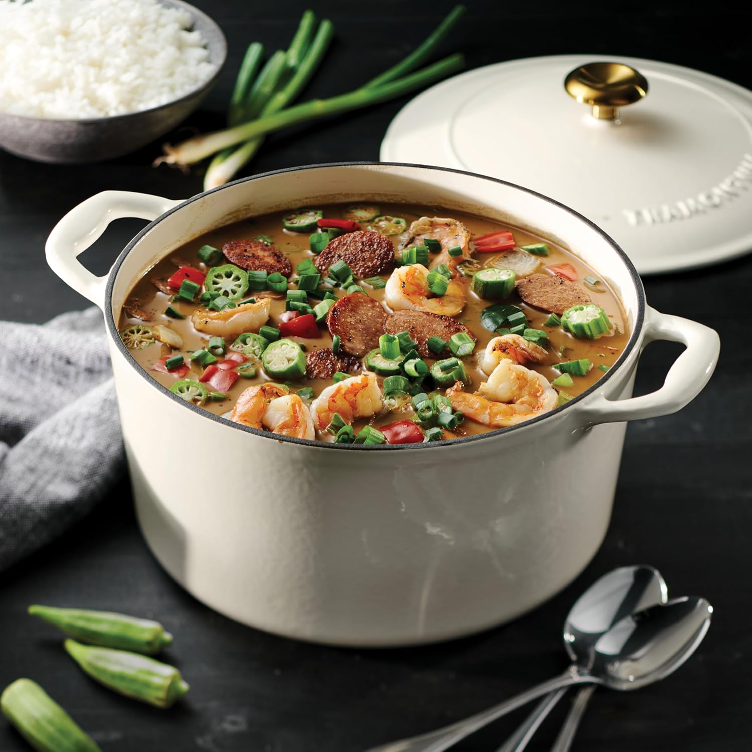 Tramontina Bestow Enameled Cast Iron Dutch Oven Pot with Lid, Round 6.5-quart, Latte (Gold Knob)