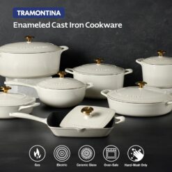 Tramontina Bestow Enameled Cast Iron Dutch Oven Pot with Lid, Round 6.5-quart, Latte (Gold Knob)