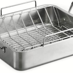 Tramontina 16.5-Inch Stainless Steel Deep Roasting Pan with Basting Grill and V-Rack, Turkey Roaster for Oven, Dishwasher Safe, Made in Brazil