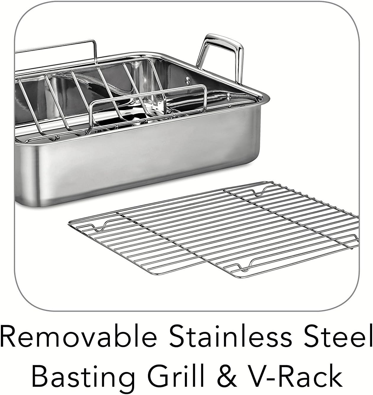 Tramontina 16.5-Inch Stainless Steel Deep Roasting Pan with Basting Grill and V-Rack, Turkey Roaster for Oven, Dishwasher Safe, Made in Brazil