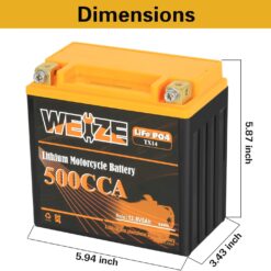 Weize Lithium YTX14-BS, Group 14, 500A LiFePO4 Motorcycle Battery, 12V 5AH ATV, UTV, Jet Ski, 4 Wheeler