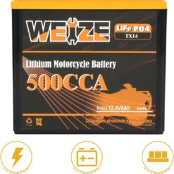 Weize Lithium YTX14-BS, Group 14, 500A LiFePO4 Motorcycle Battery, 12V 5AH ATV, UTV, Jet Ski, 4 Wheeler