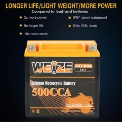 Weize Lithium YTX14-BS, Group 14, 500A LiFePO4 Motorcycle Battery, 12V 5AH ATV, UTV, Jet Ski, 4 Wheeler