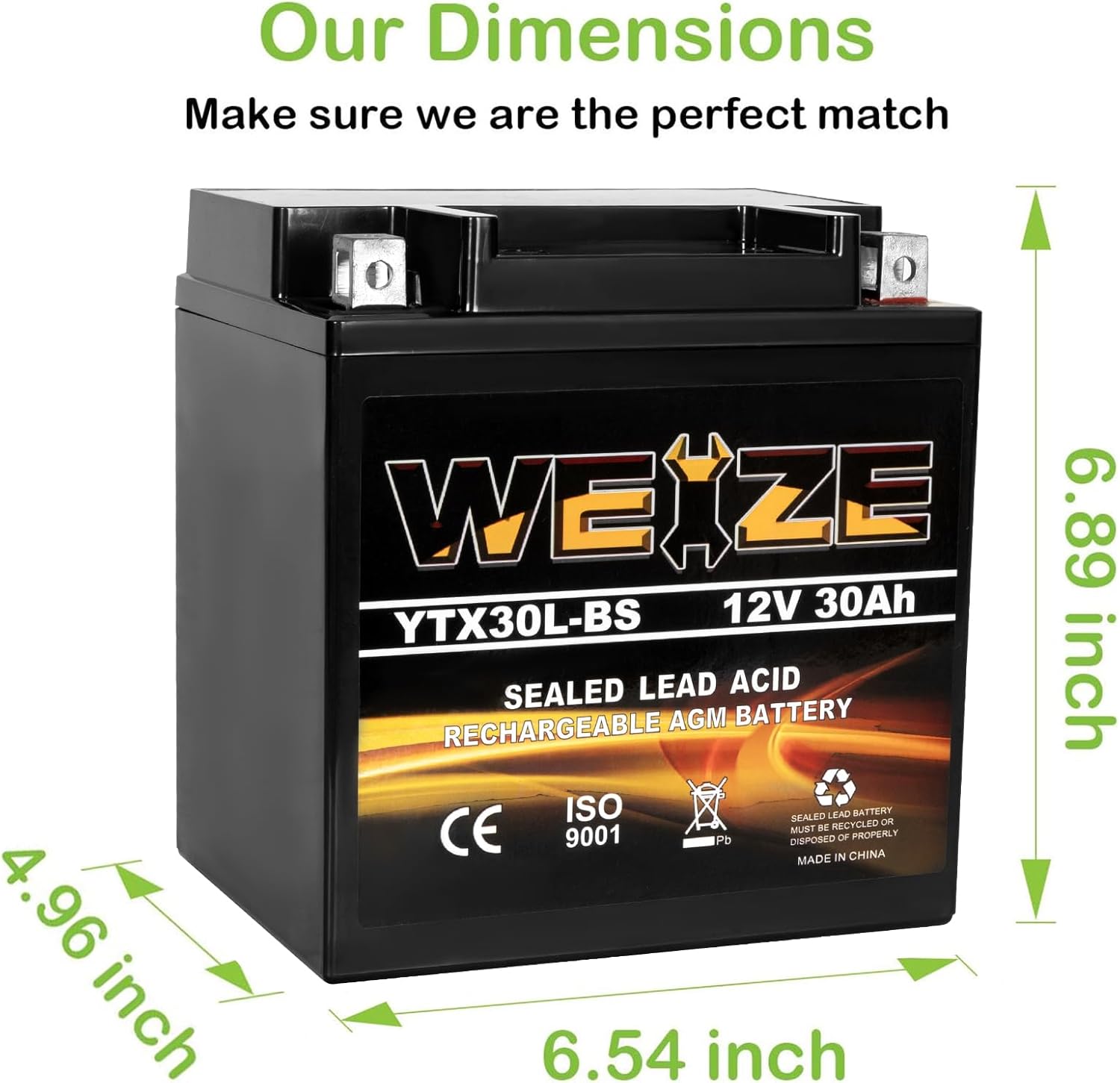 Weize YTX30L-BS Battery Replacement Yuasa YIX30L Motorcycle Battery - Factory Sealed