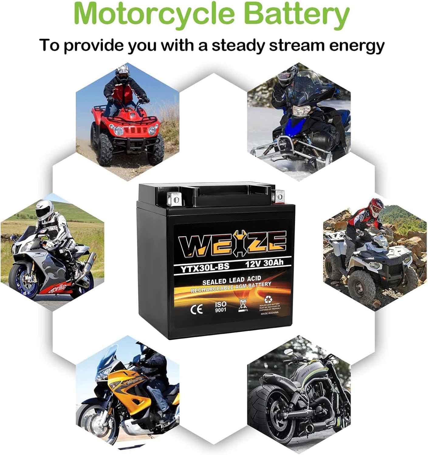 Weize YTX30L-BS Battery Replacement Yuasa YIX30L Motorcycle Battery - Factory Sealed