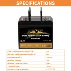 Weize Dual Purpose AGM Battery BCI Group 24M, Starter & Deep Cycle 150RC 550CCA 12V 90AH Sealed Marine & RV Battery