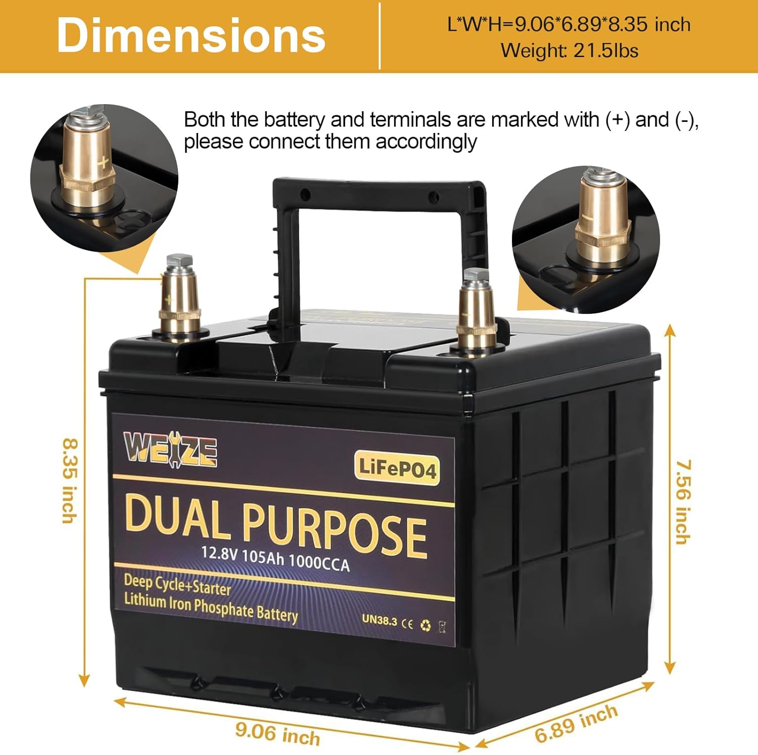 WEIZE 12V 105AH 1000CCA Dual Purpose LiFePO4 Battery, Group 31 Starting Lithium Battery Plus Deep Cycle Performance, Built-in Smart BMS, Perfect for Trolling Motor, Marine, RV