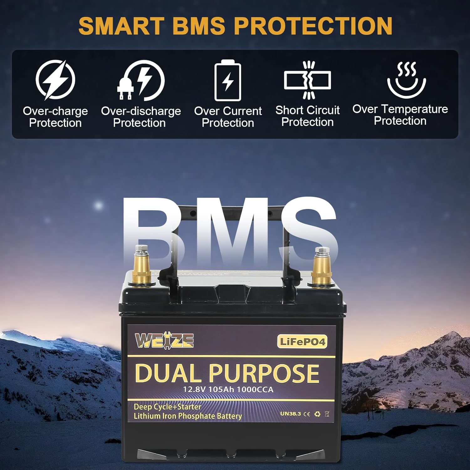 WEIZE 12V 105AH 1000CCA Dual Purpose LiFePO4 Battery, Group 31 Starting Lithium Battery Plus Deep Cycle Performance, Built-in Smart BMS, Perfect for Trolling Motor, Marine, RV