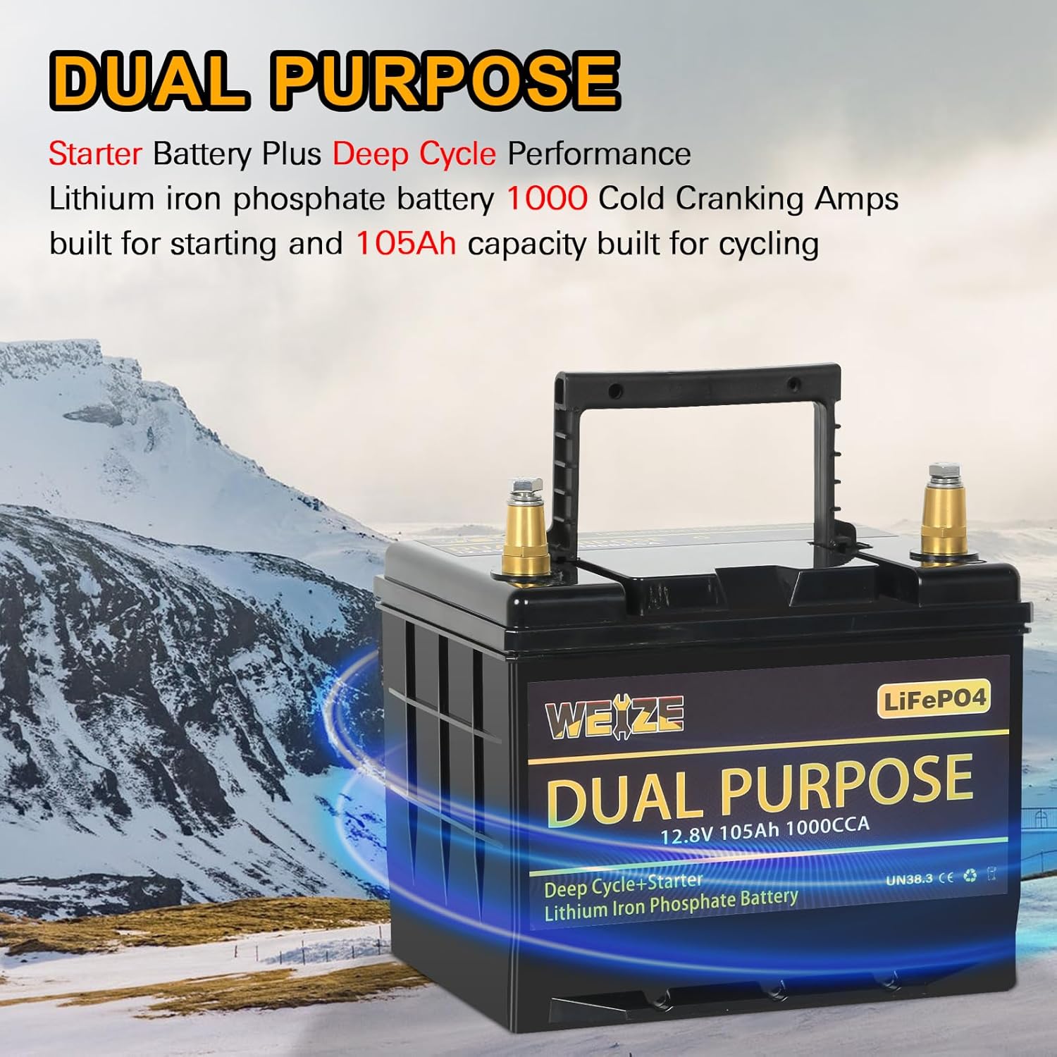 WEIZE 12V 105AH 1000CCA Dual Purpose LiFePO4 Battery, Group 31 Starting Lithium Battery Plus Deep Cycle Performance, Built-in Smart BMS, Perfect for Trolling Motor, Marine, RV