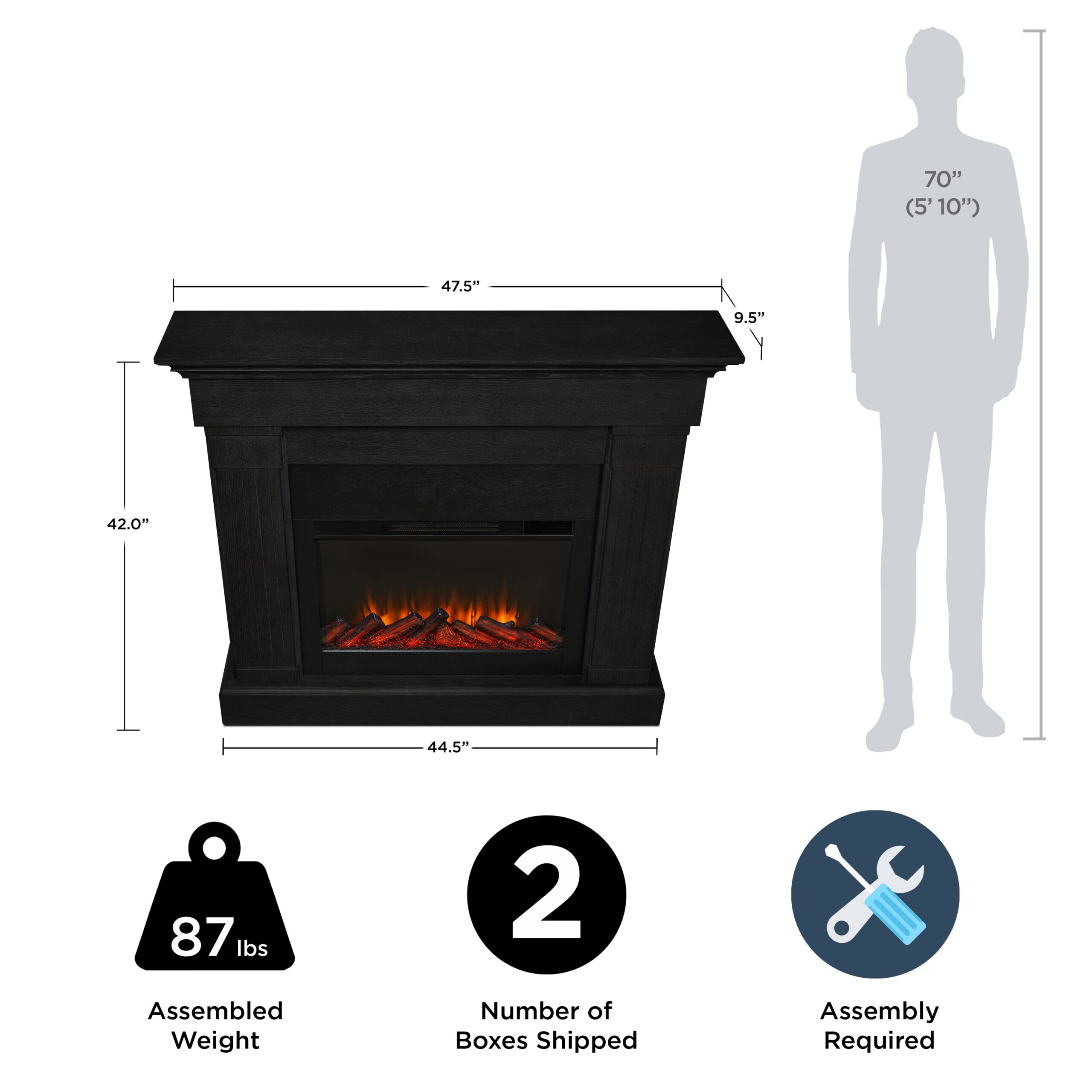 Real Flame 47.5-in W Black Free standing Fan-forced Flat Wall Electric Fireplace with Remote Control Included