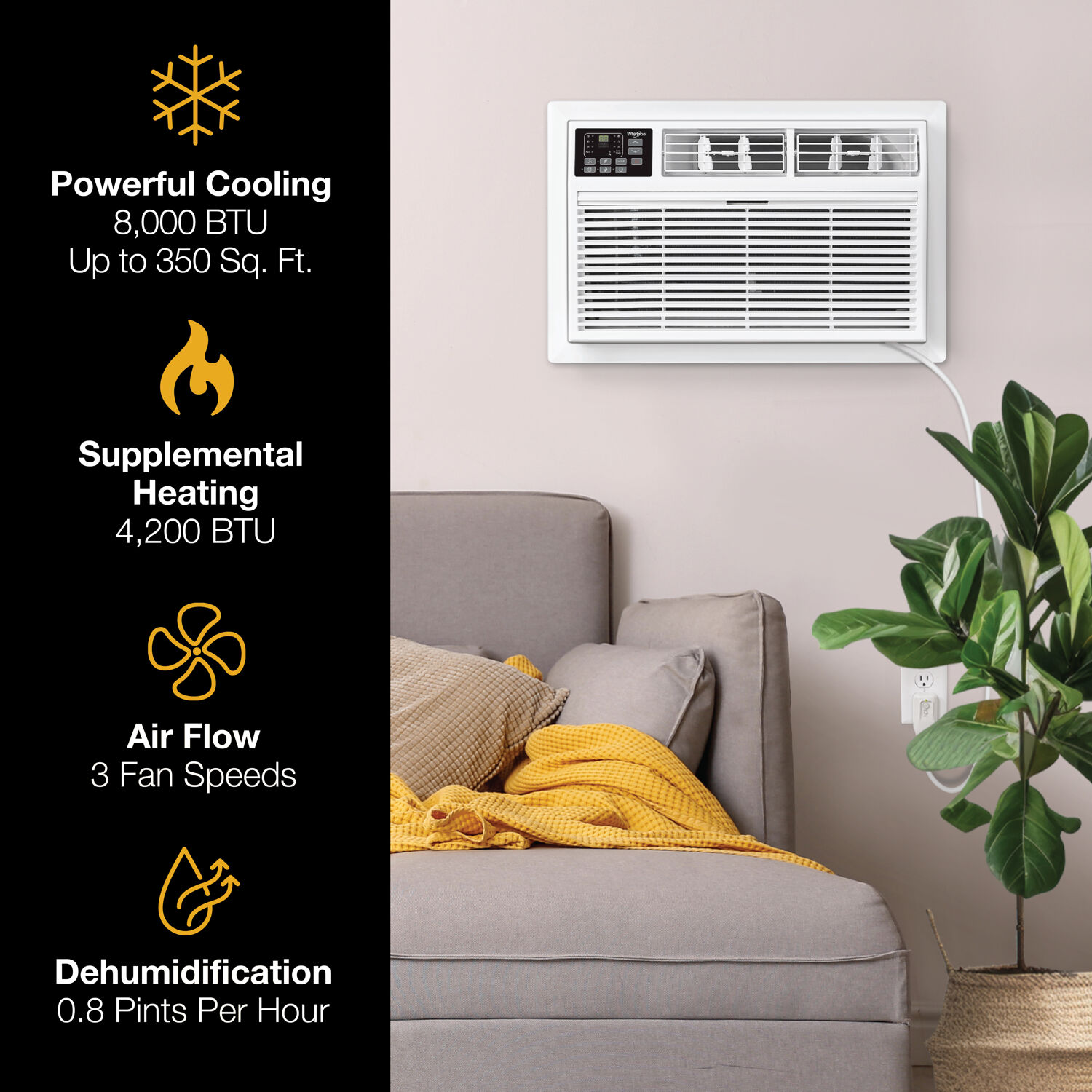 Whirlpool Supplemental Heat Capability 8000-BTU 350-sq ft 115-Volt White Through-the-Wall Air Conditioner with Heater with Remote