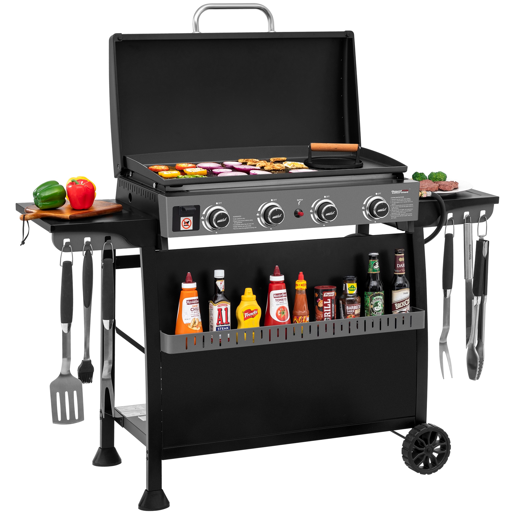 Royal Gourmet Tabletop Gas Griddle with Removable Standing Cart and Hood 4 -Burner Liquid propane Flat Top Grill