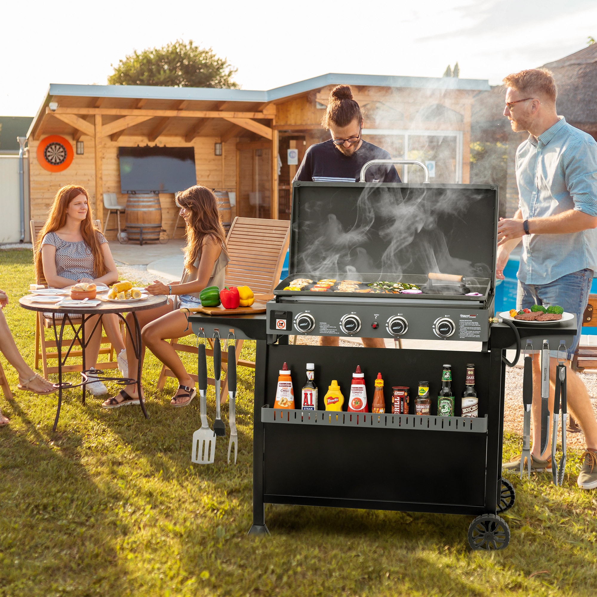 Royal Gourmet Tabletop Gas Griddle with Removable Standing Cart and Hood 4 -Burner Liquid propane Flat Top Grill