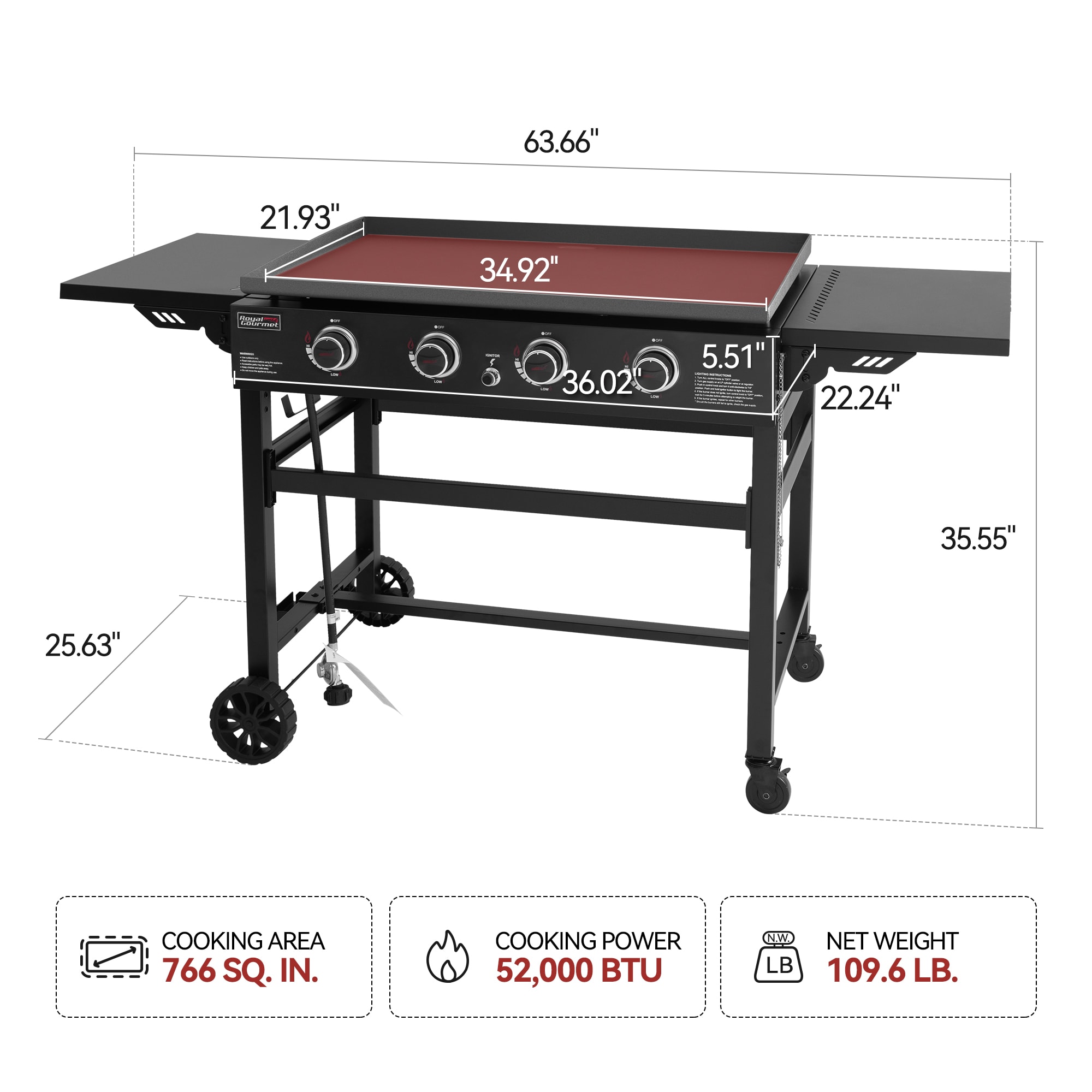 Royal Gourmet 35'' Griddle with Folding Side Shelves 4 -Burner Liquid propane Flat Top Grill