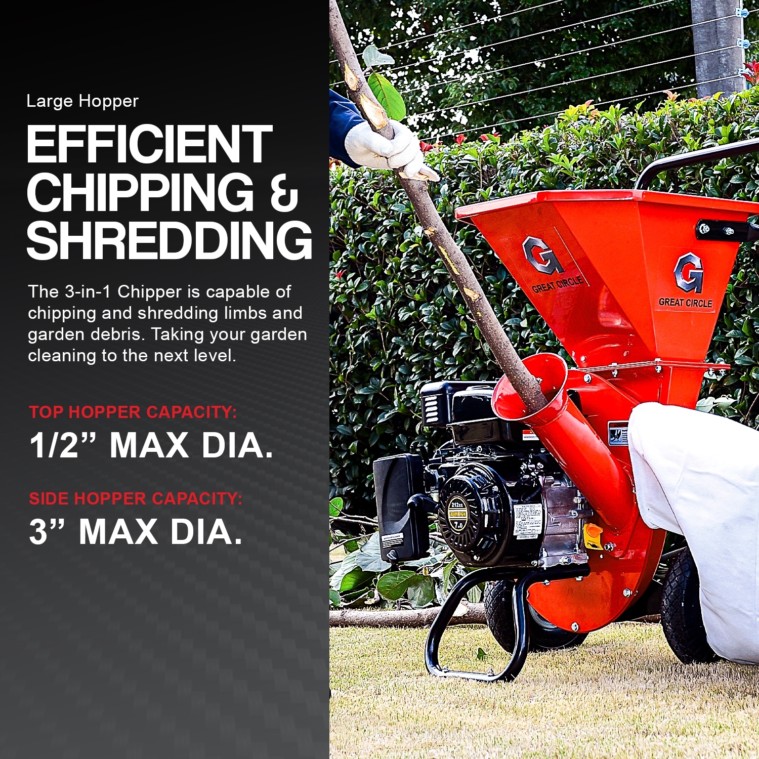 GreatCircleUSA Manual 7 -HP Gas Wood Chipper, 3-in Maximum Branch Diameter 2-Bushel Bag Included