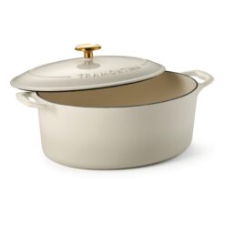 Tramontina Bestow Enameled Cast Iron Oval Dutch Oven Pot with Lid, Large 7-quart, Latte (Gold Knob)