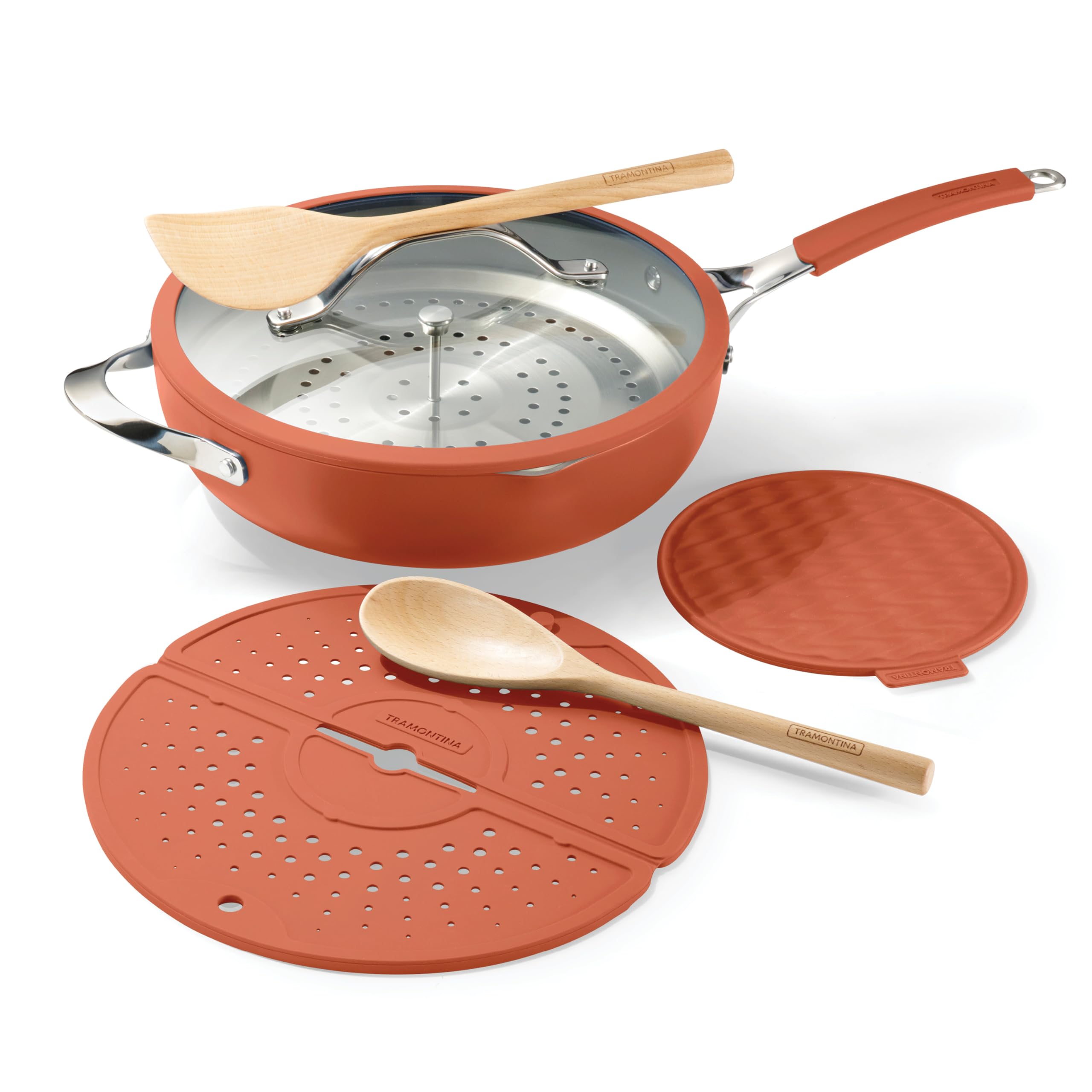Tramontina Vue All-in-One Plus Pan Set, 5-Quart Ceramic Non Stick Cooking Pan with Glass Lid, Steamer Insert, Beechwood Utensils, Splatter Screen, Pot Holder, Orange