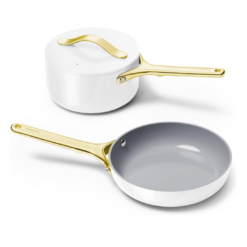 Caraway Mini Cookware Set - Non-Stick Ceramic Fry Pan (1.05 qt, 8") Sauce Pan (1.75 qt) & Storage Rack - White