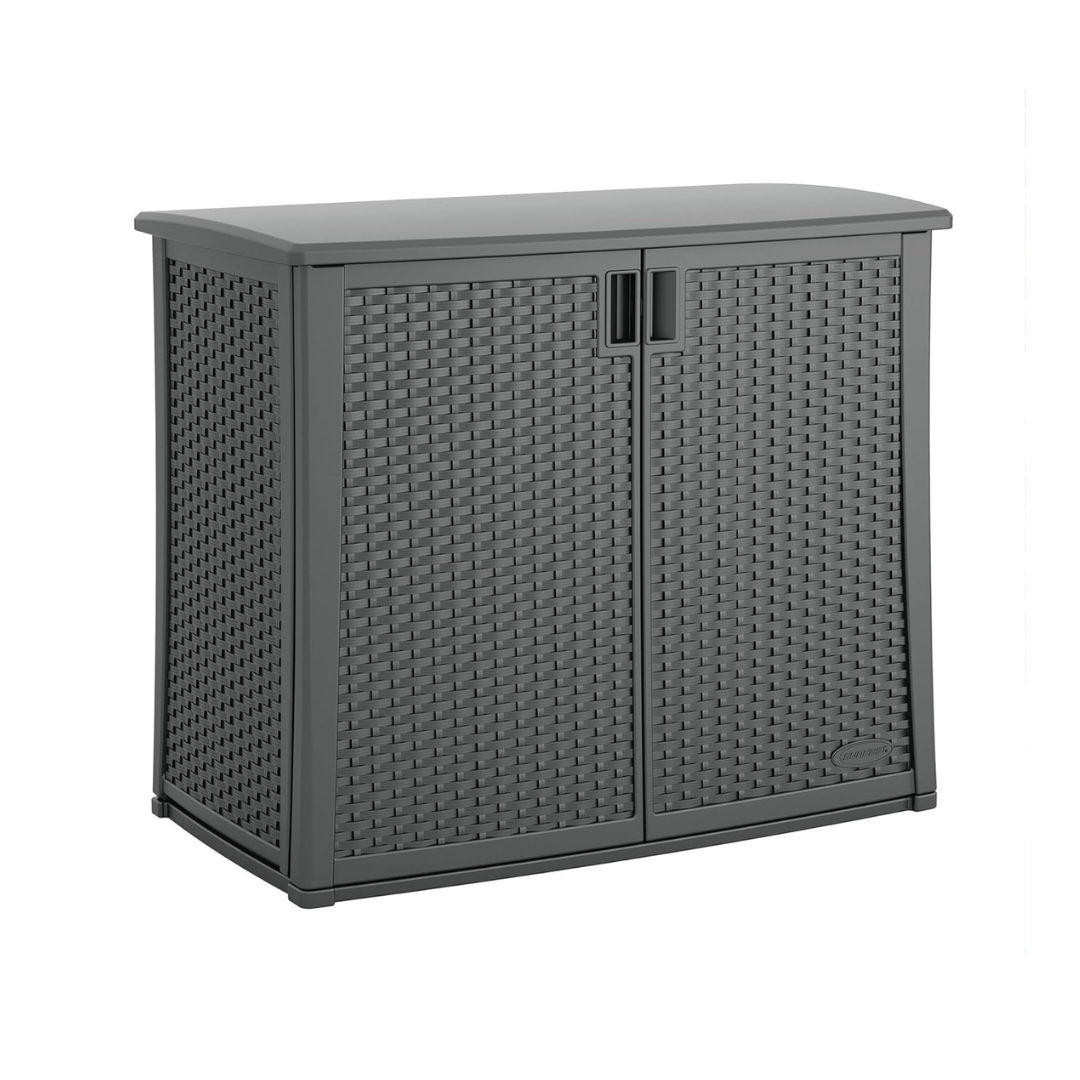 Suncast Resin Outdoor Storage Cabinet, Cool Gray Wicker Resin Outdoor Cabinet, Weatherproof, Lockable Outside Storage