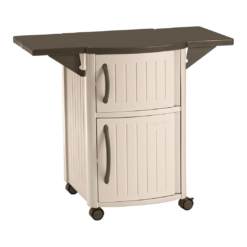 Suncast Serving Station Patio Cabinet, Portable Grill Prep Table, Light Taupe & Mocha