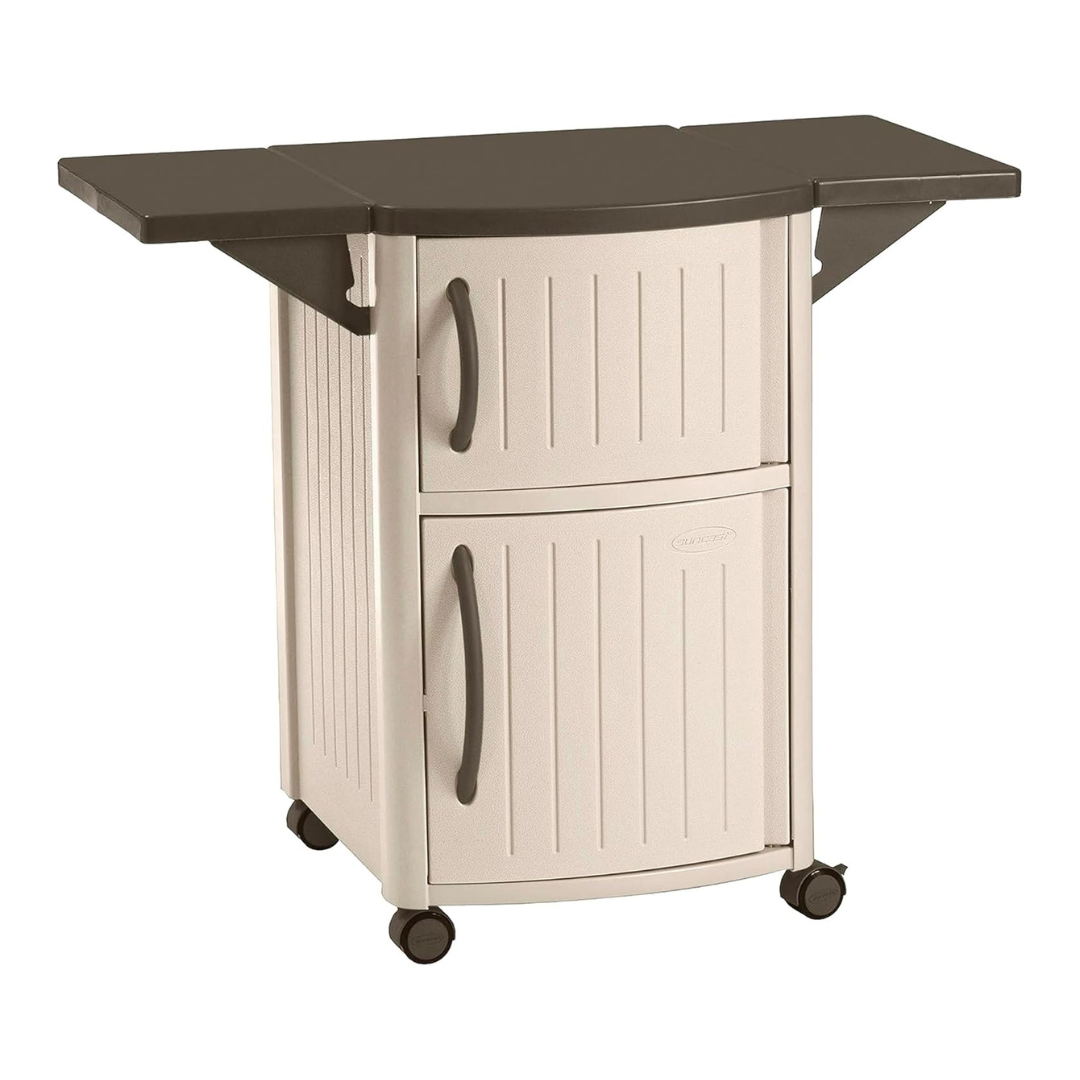 Suncast Serving Station Patio Cabinet, Portable Grill Prep Table, Light Taupe & Mocha
