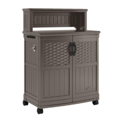 Suncast Patio Plastic Storage and Prep Station with Decorative Wicker Pattern and Multi Wall Panels for Patio, Garden, and Lawn Use, Stoney Gray