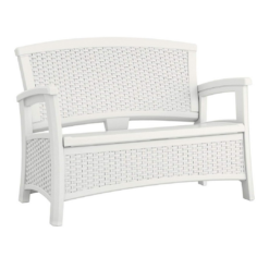 Suncast Elements Stylish Lightweight Loveseat Outdoor Seating with Convenient Built In Universal Storage, and All Weather Plastic, White