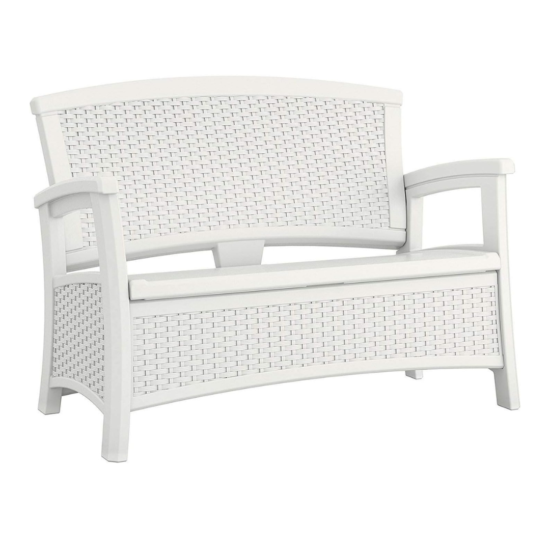 Suncast Elements Stylish Lightweight Loveseat Outdoor Seating with Convenient Built In Universal Storage, and All Weather Plastic, White
