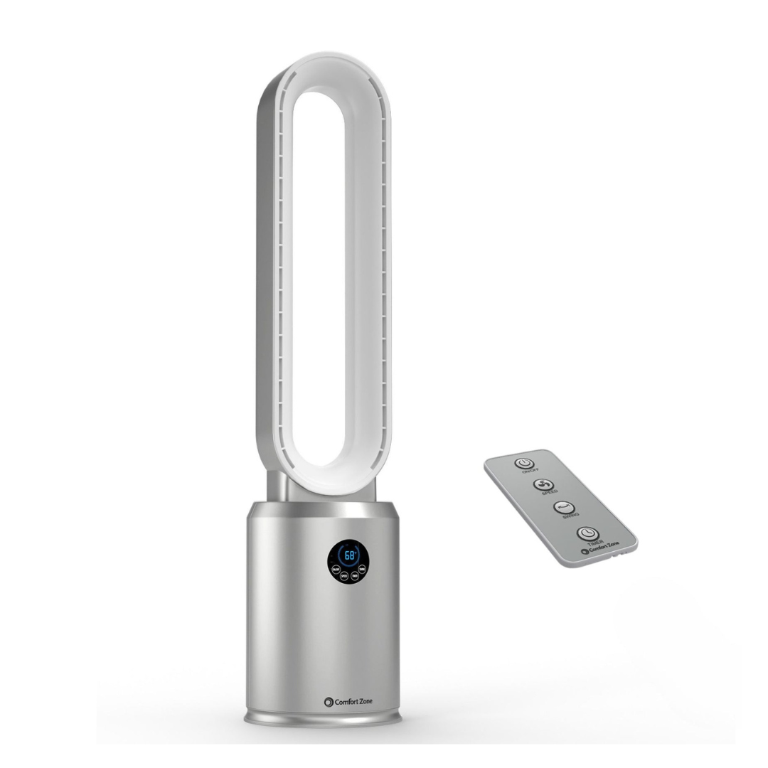 Comfort Zone Tower Fan for Bedroom, 40 inch Bladeless Stand Fan with Remote Control, 9H Timer, Silver