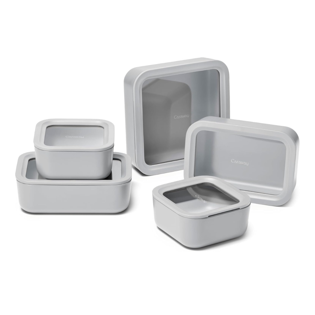 Caraway 13pc Glass Food Storage Container Set - Easy to Store, Non Toxic Lunch Box - with Glass Lids - Includes Storage Organizer - Gray