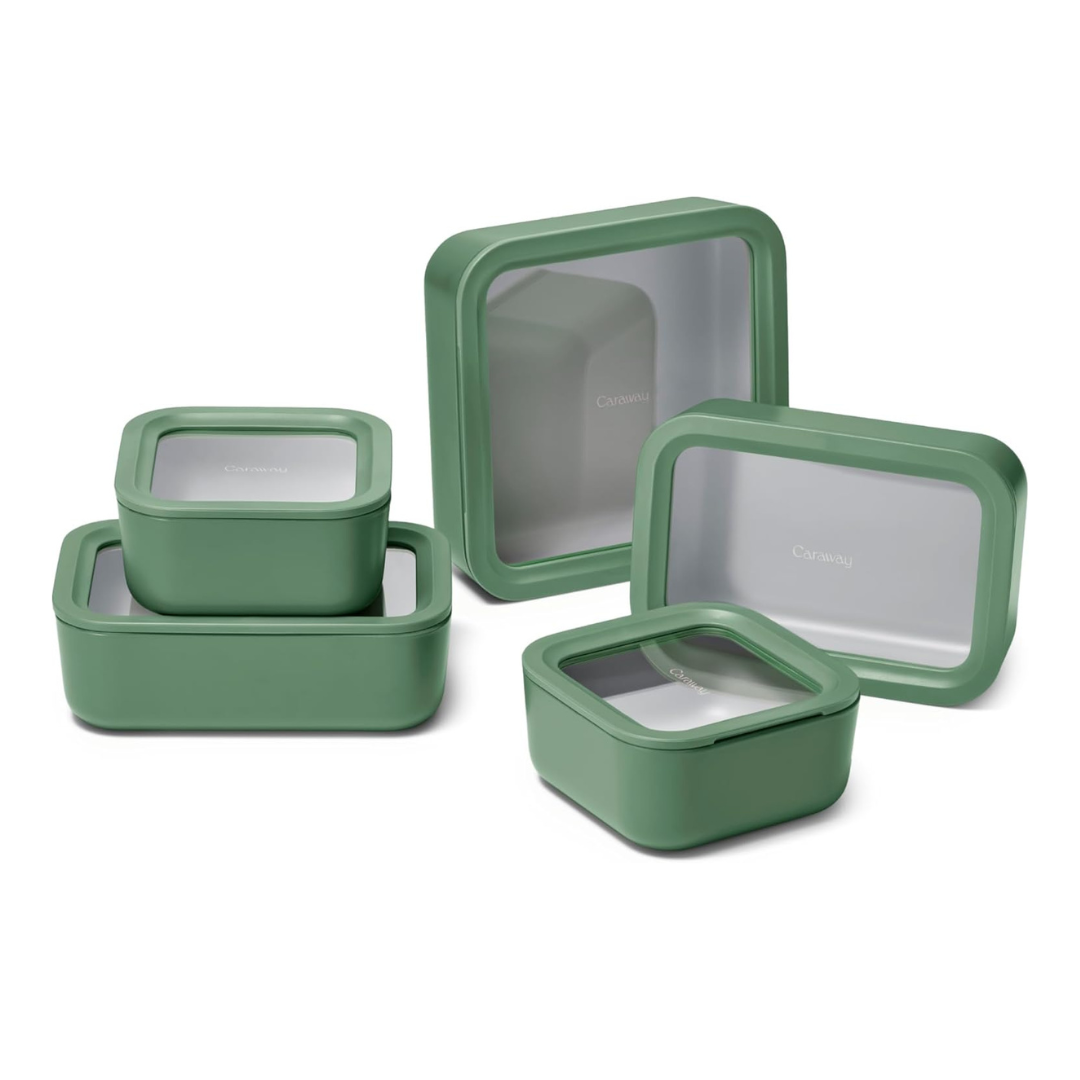 Caraway 13pc Glass Food Storage Container Set - Easy to Store, Non Toxic Lunch Box - with Glass Lids - Includes Storage Organizer - Sage