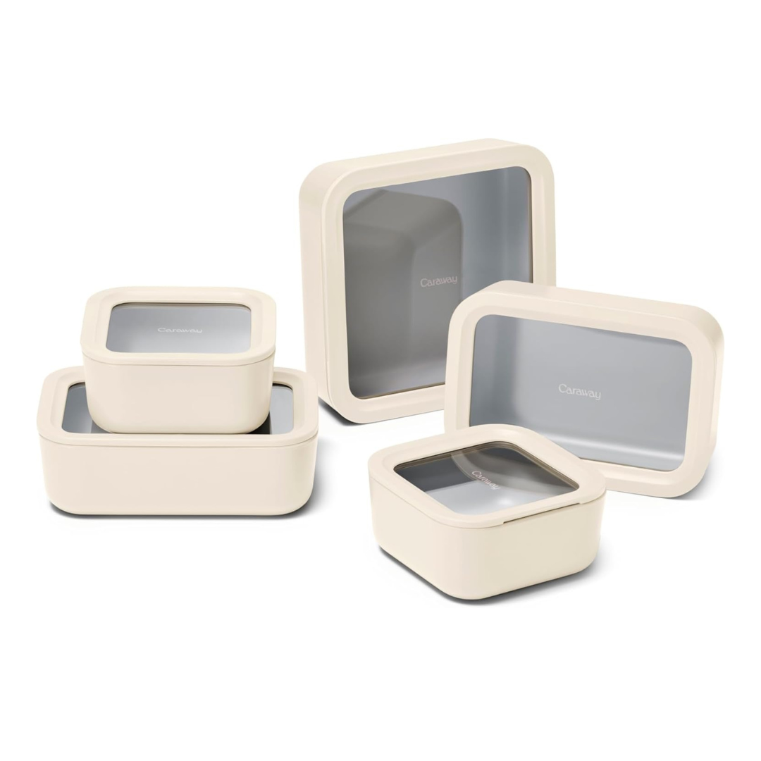 Caraway 13pc Glass Food Storage Container Set - Easy to Store, Non Toxic Lunch Box - with Glass Lids - Includes Storage Organizer - Cream