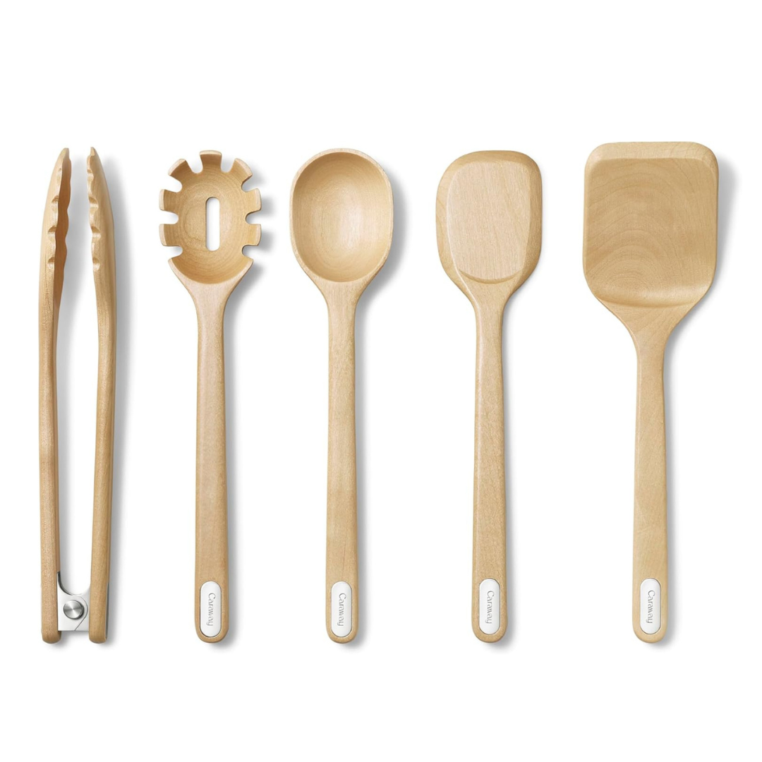 Caraway Wooden Utensil Set - 5 Piece Cooking Utensil Set - Spoon, Server, Scraper, Spatula, & Tongs