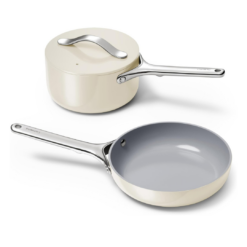Caraway Mini Cookware Set - Non-Stick Ceramic Fry Pan (1.05 qt, 8") Sauce Pan (1.75 qt) & Storage Rack - Cream