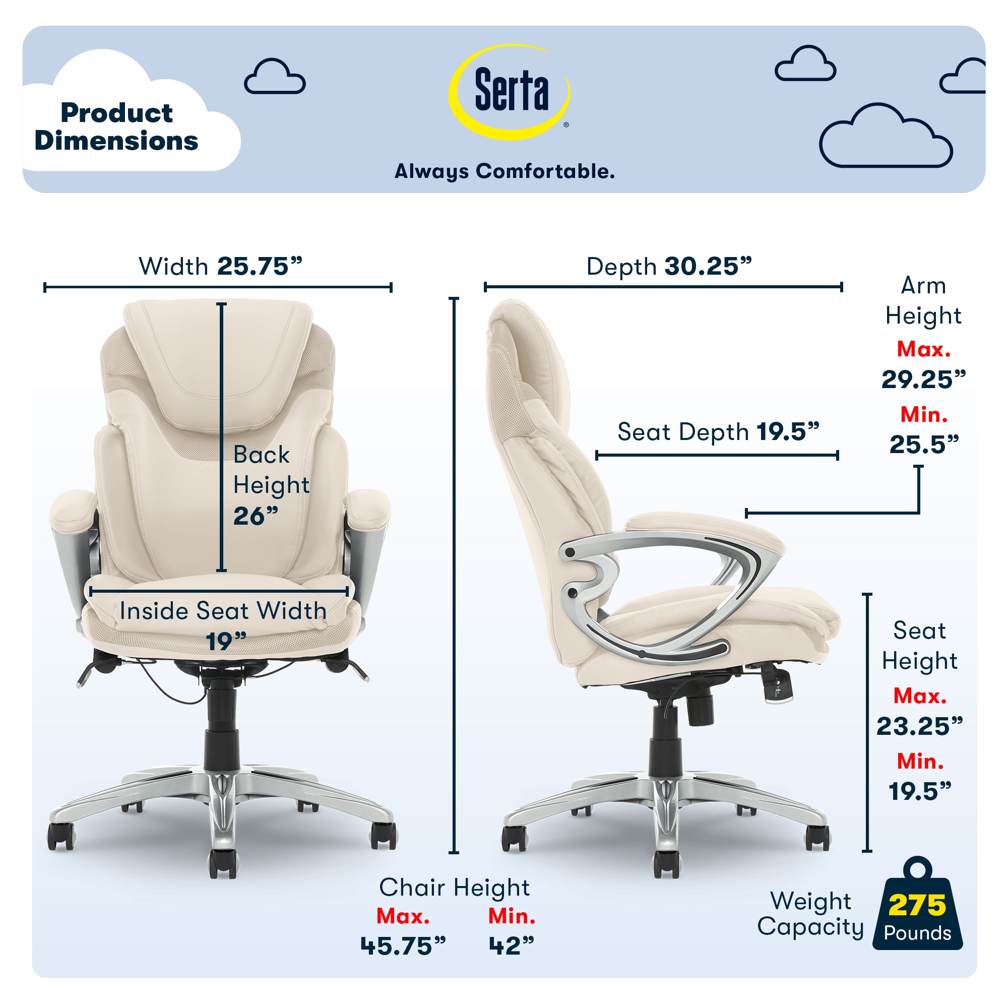 Serta Bryce Cream Bonded Leather Contemporary Ergonomic Adjustable Height Swivel Faux Leather Executive Chair