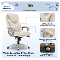 Serta Bryce Cream Bonded Leather Contemporary Ergonomic Adjustable Height Swivel Faux Leather Executive Chair