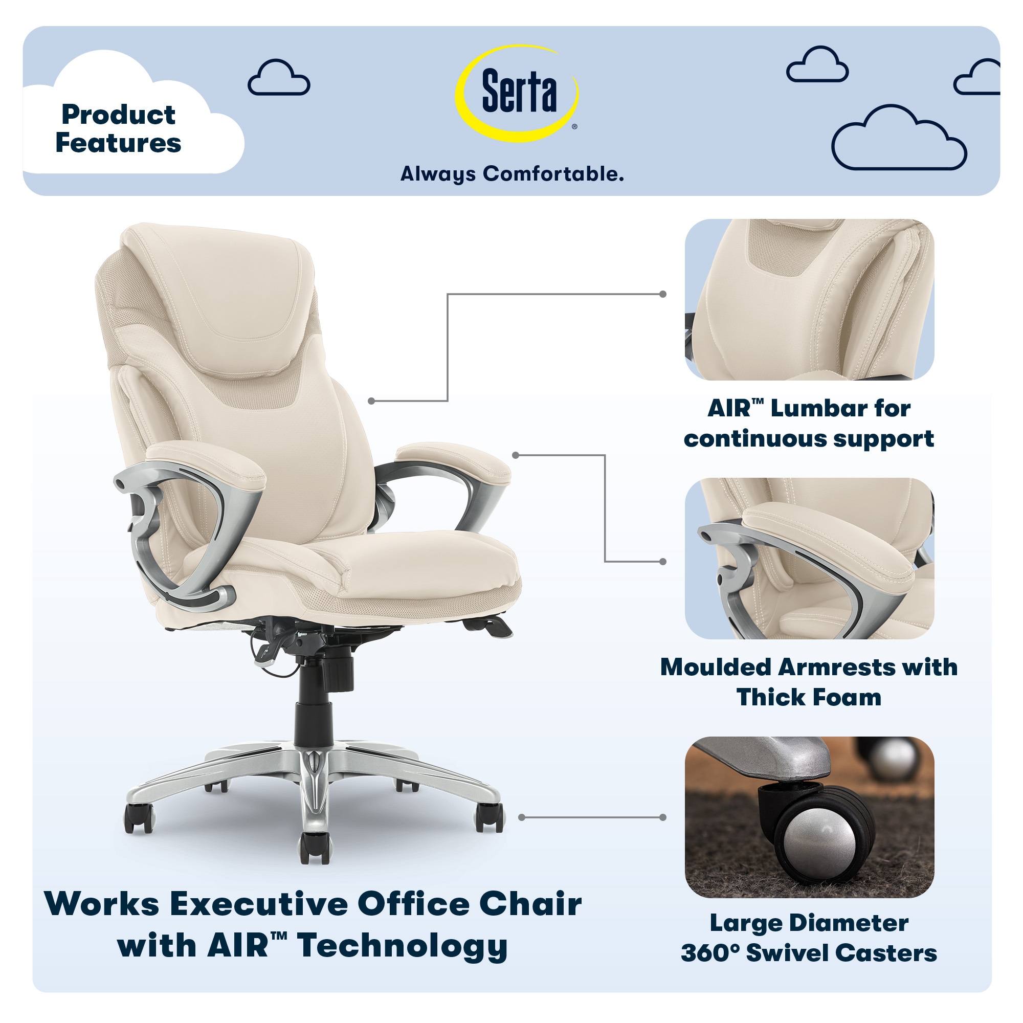 Serta Bryce Cream Bonded Leather Contemporary Ergonomic Adjustable Height Swivel Faux Leather Executive Chair