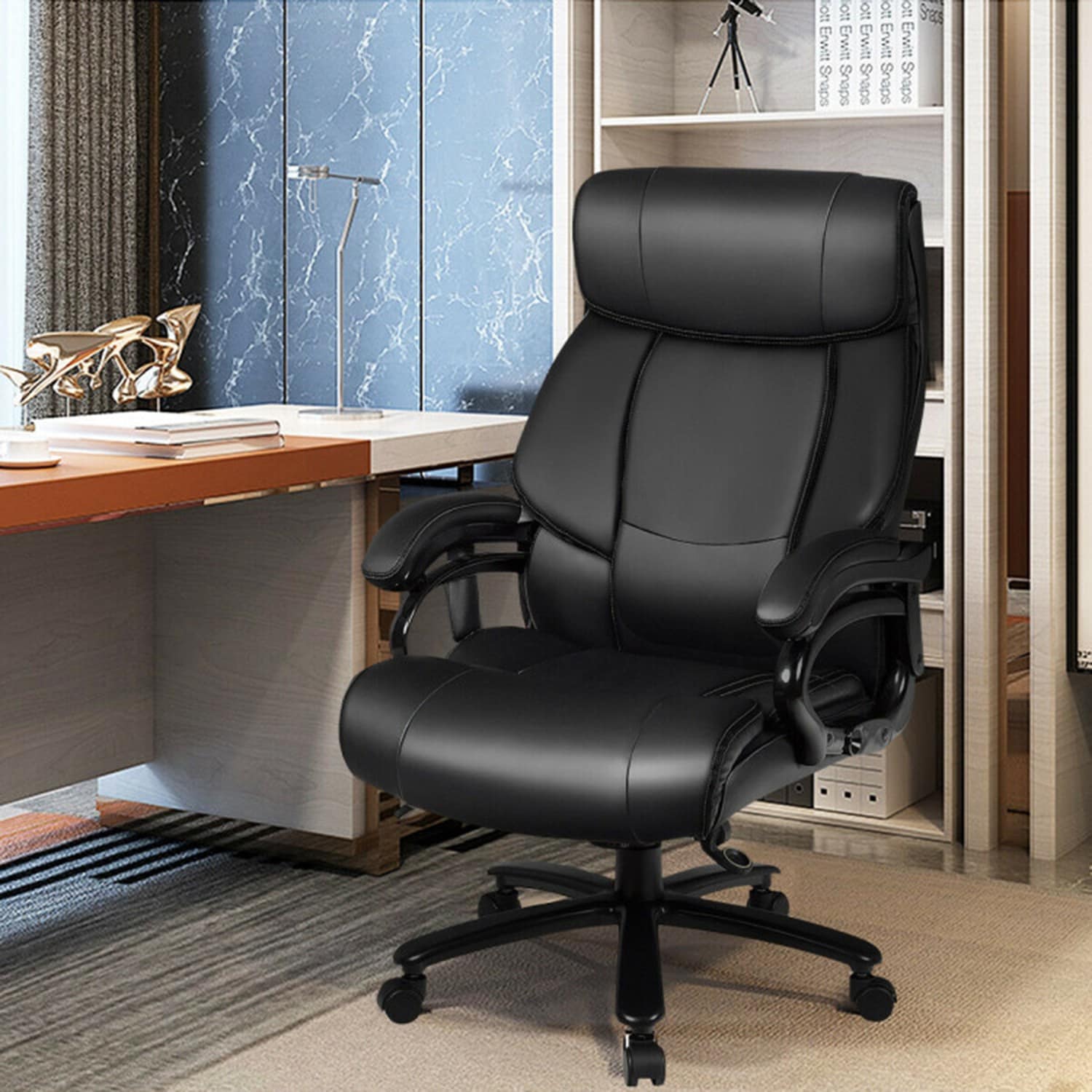 GZMR PU Leather Massage Office Chair Black Contemporary Ergonomic Adjustable Height Swivel Faux leather Executive Chair