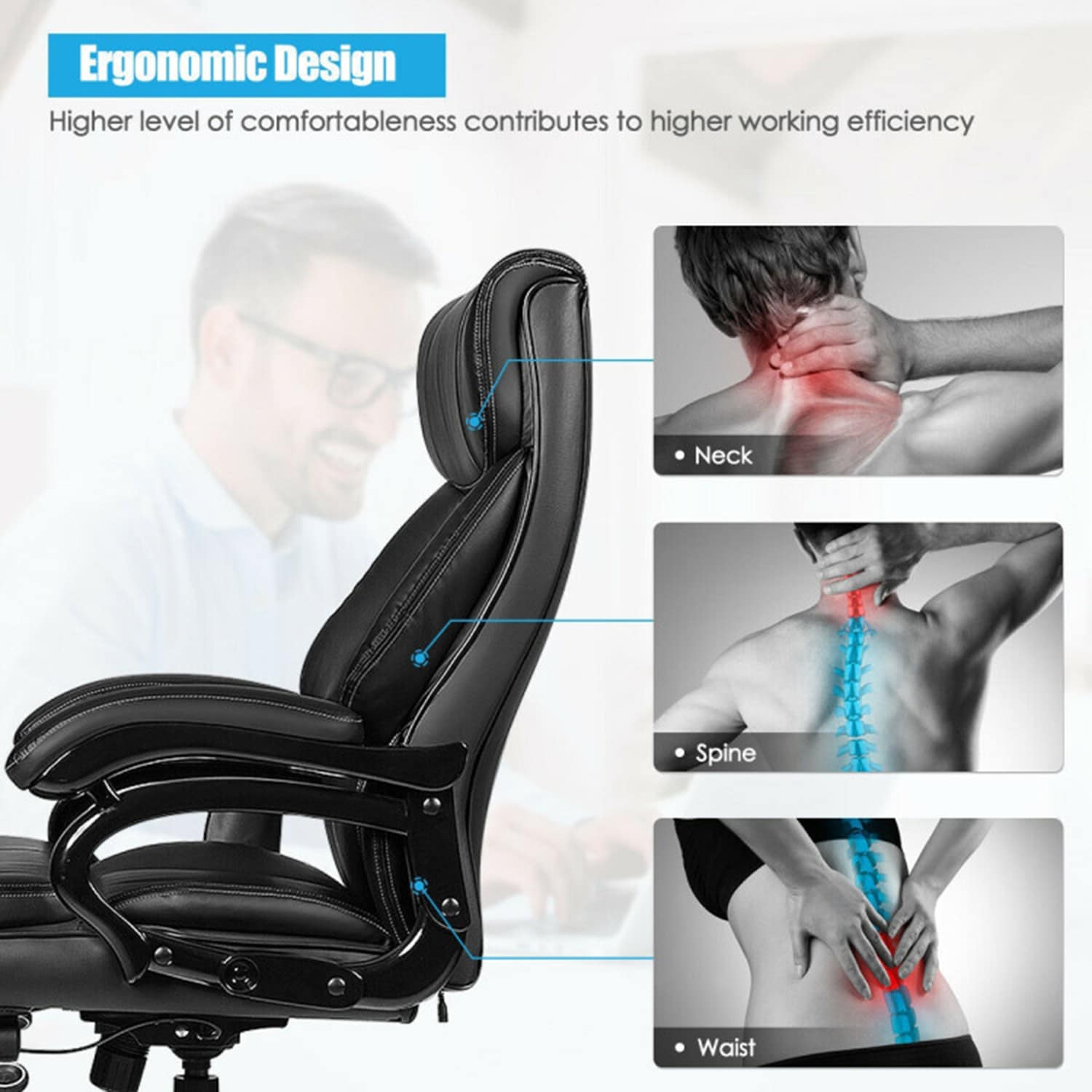 GZMR PU Leather Massage Office Chair Black Contemporary Ergonomic Adjustable Height Swivel Faux leather Executive Chair