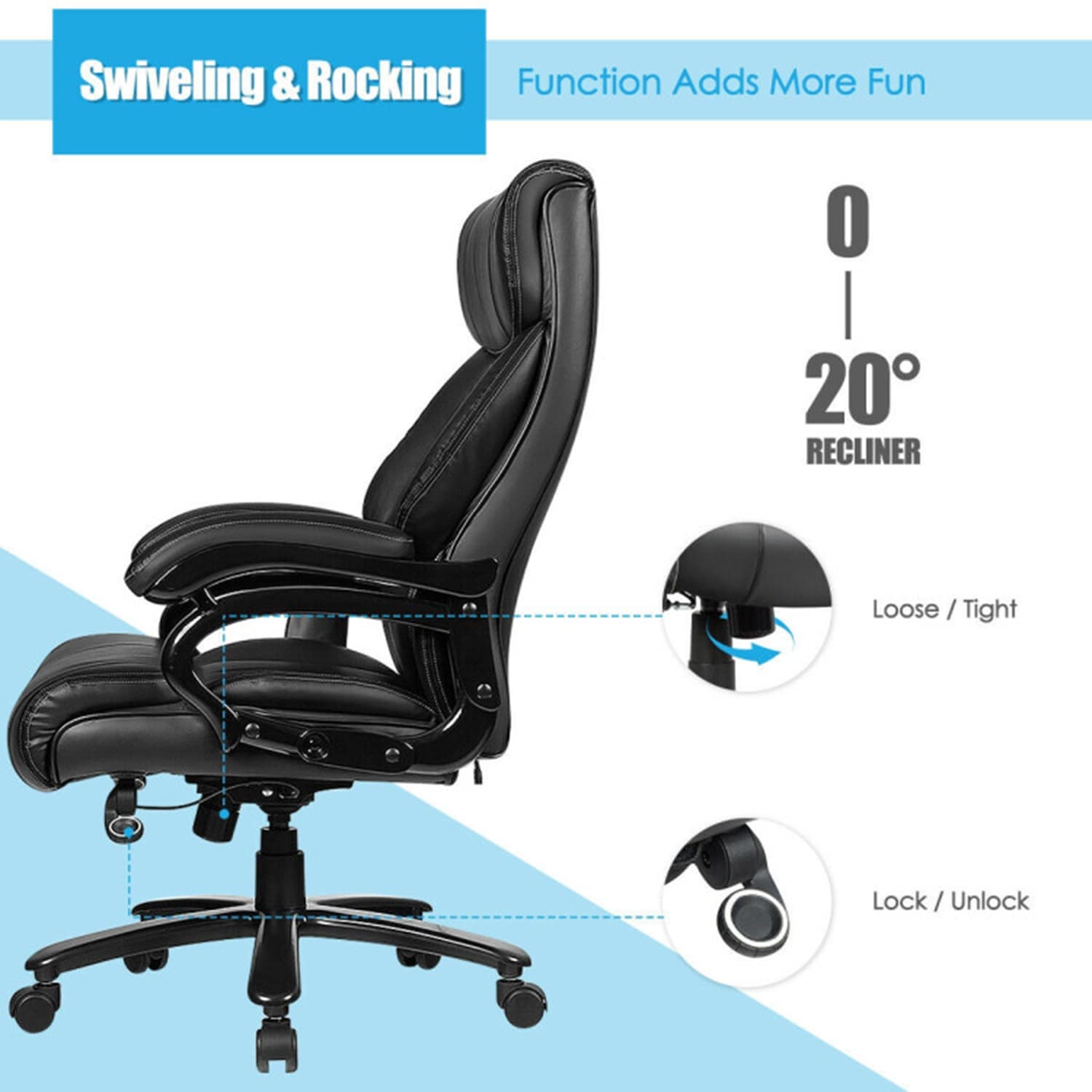 GZMR PU Leather Massage Office Chair Black Contemporary Ergonomic Adjustable Height Swivel Faux leather Executive Chair