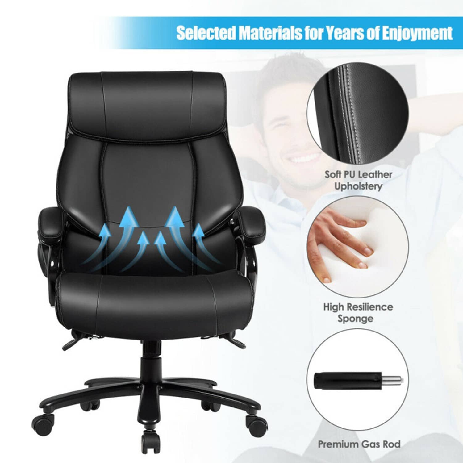 GZMR PU Leather Massage Office Chair Black Contemporary Ergonomic Adjustable Height Swivel Faux leather Executive Chair