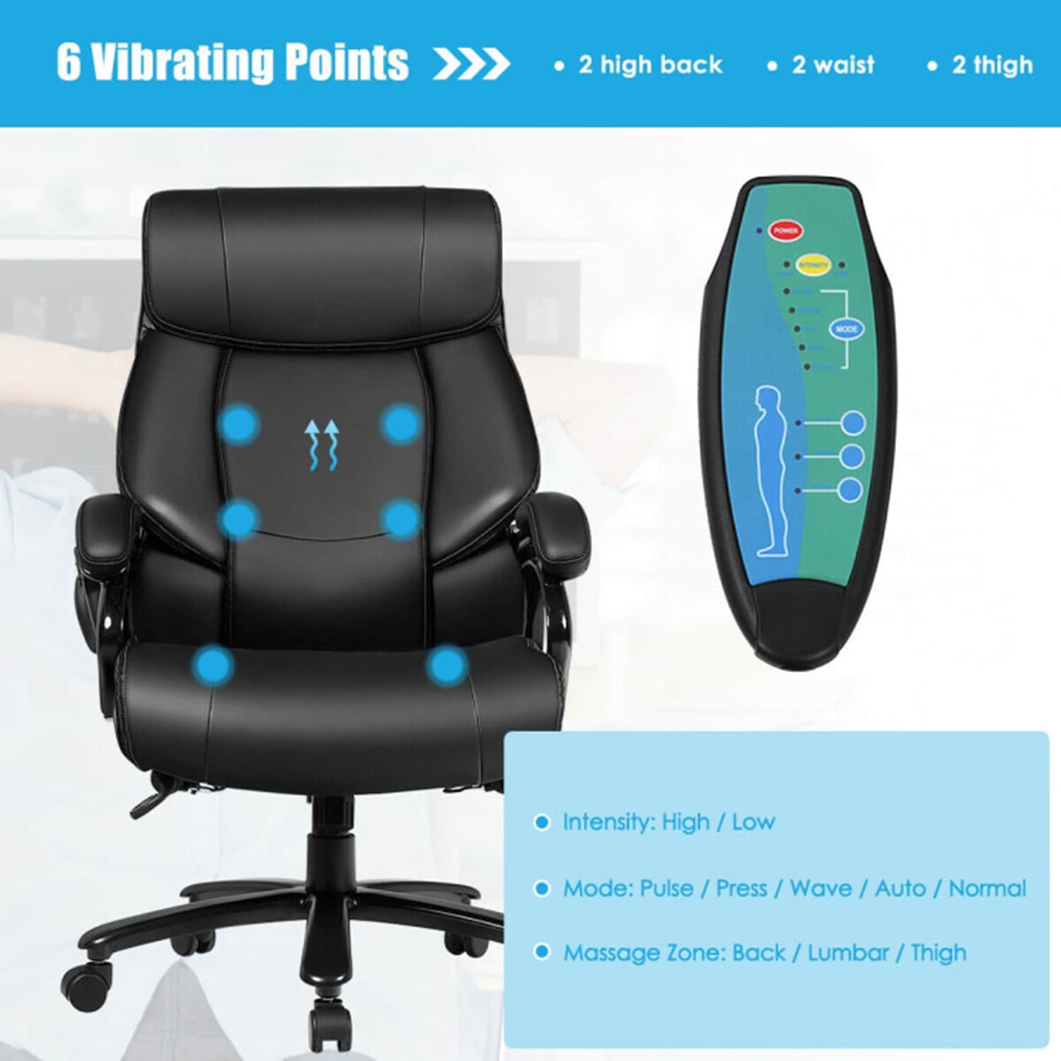GZMR PU Leather Massage Office Chair Black Contemporary Ergonomic Adjustable Height Swivel Faux leather Executive Chair