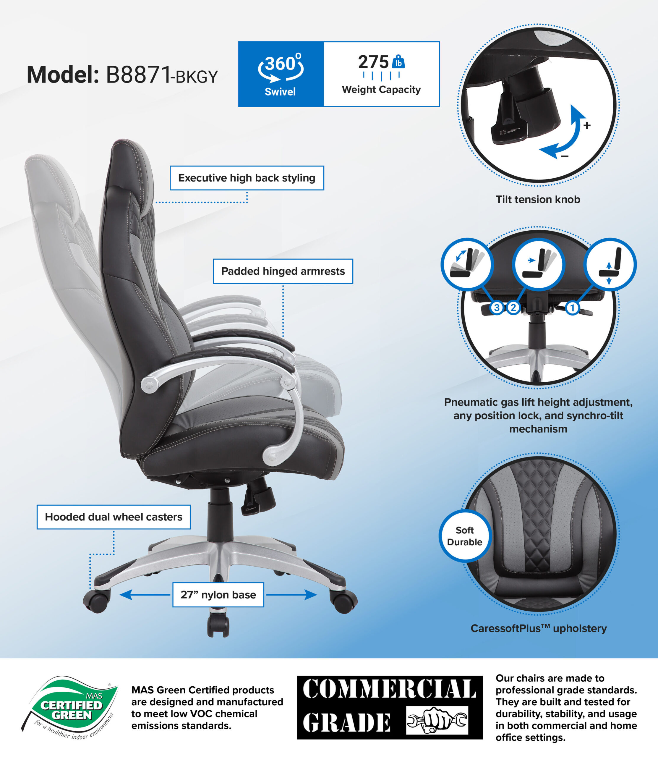 Boss Office Products Black/Grey Contemporary Ergonomic Adjustable Height Swivel Vinyl Executive Chair