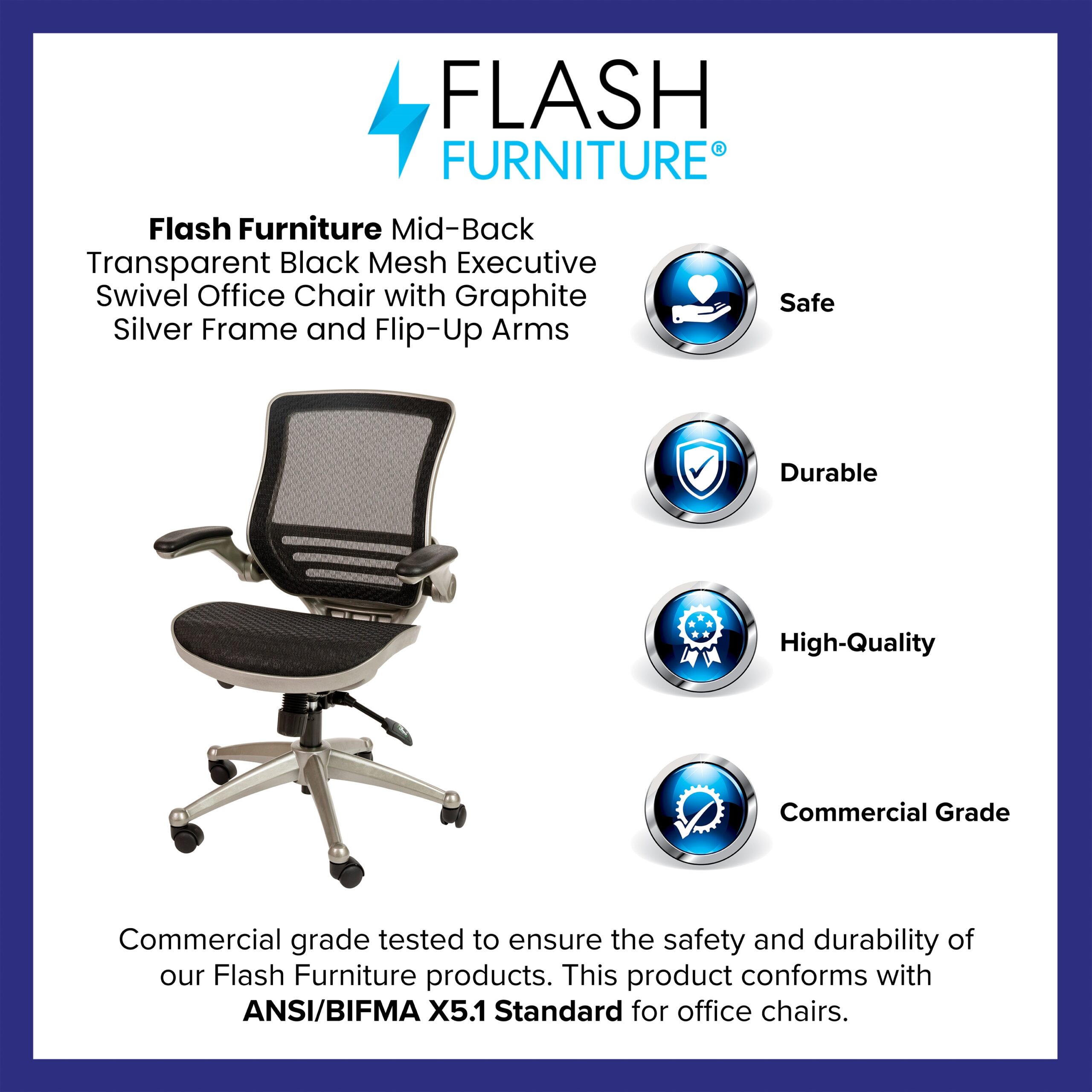 Flash Furniture Warfield Black Mesh/Graphite Silver Frame Contemporary Ergonomic Adjustable Height Swivel Mesh Executive Chair