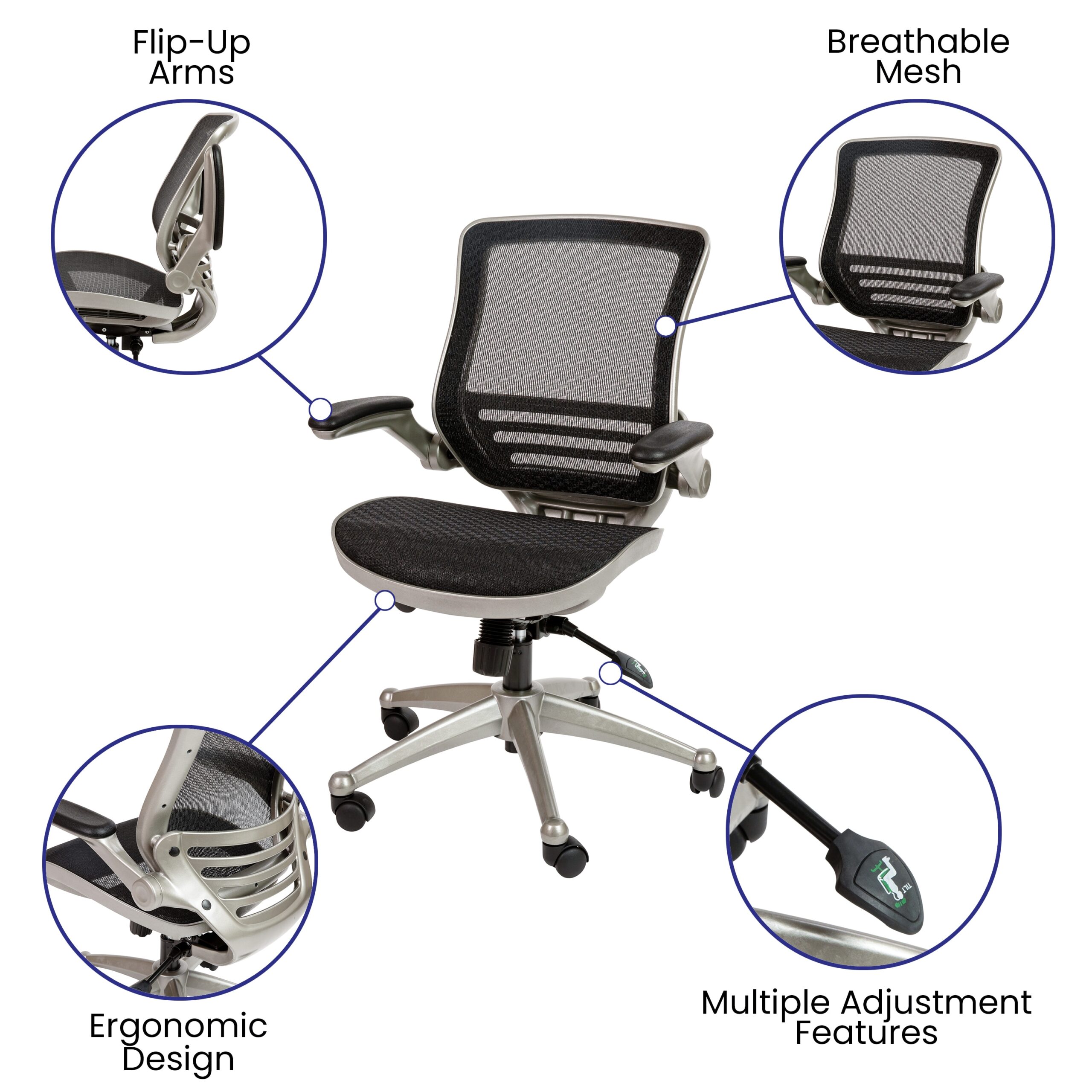 Flash Furniture Warfield Black Mesh/Graphite Silver Frame Contemporary Ergonomic Adjustable Height Swivel Mesh Executive Chair
